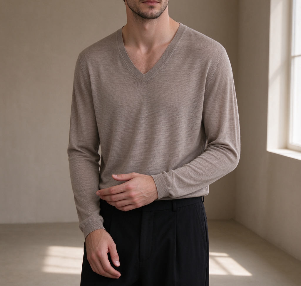 Maglia Uomo Collo a V, Maniche Lunghe, Leggera e Traspirante, Ideale per Stile Informale ed Elegante