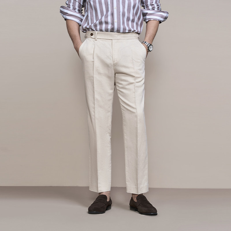 Pantaloni Chino Uomo a Piega Singola, Tessuto Lino Misto, Stile Gentile Smart Casual